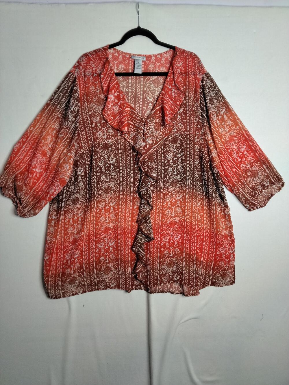 VTG Y2K Catherines Sheer Ruffle Blouse Sz 3X Red Ombre White Lacey Overlay Boho